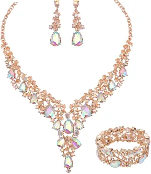 CSY Elegant Crystal Costume Jewelry Sets Flower Bridal Necklace Earrings Stretch Bangle Set for Bride Bridesmaid Wedding Dress Accessories