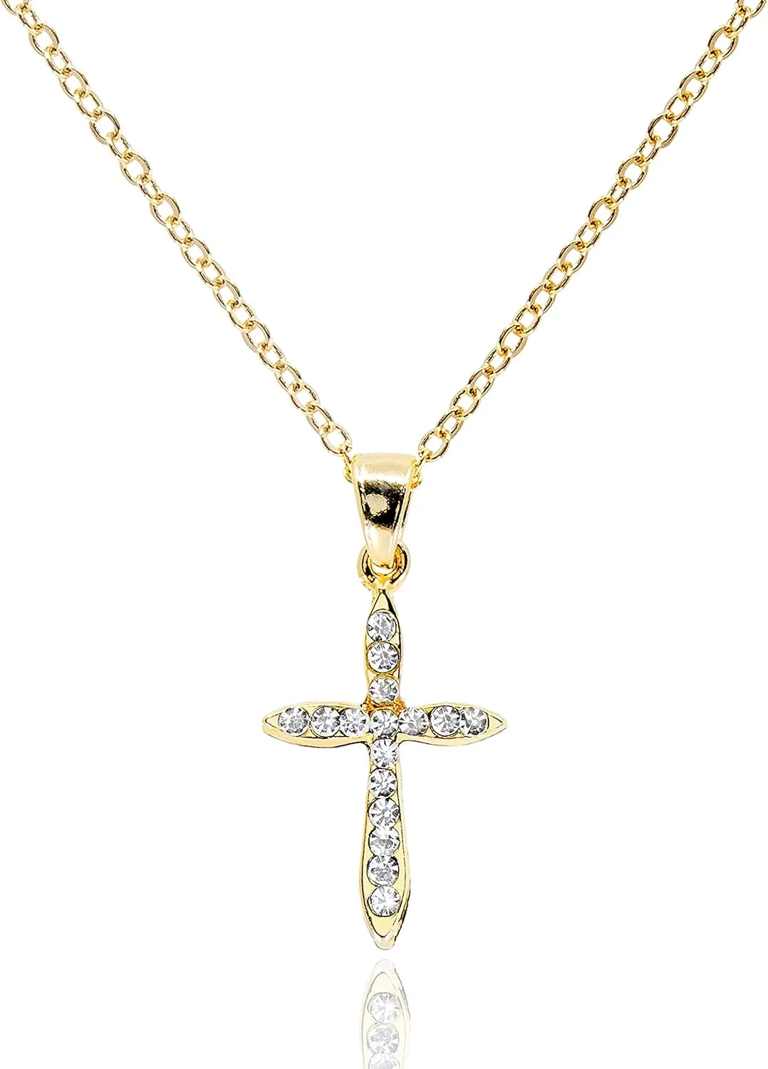 Cubic Zirconia Cross Necklace for Women 14K Gold Plated Dainty Simulated Diamond Cross Pendant Non Tarnish Jewelry Religious Easter Communion Gifts [CXN-CZ]
