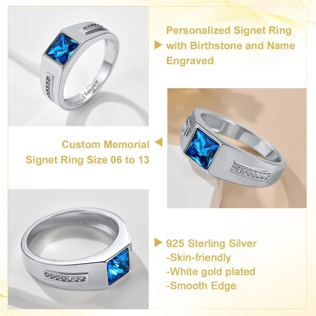 Custom4U 925 Sterling Silver Band Rings for Men Customized,Engagement Ring with Blue Gemstone/Black Onyx,Square Shaped Stone Rings,Pinky Thumb Ring,Size 6-13,Mens Personalized Jewelry(Gift Box)