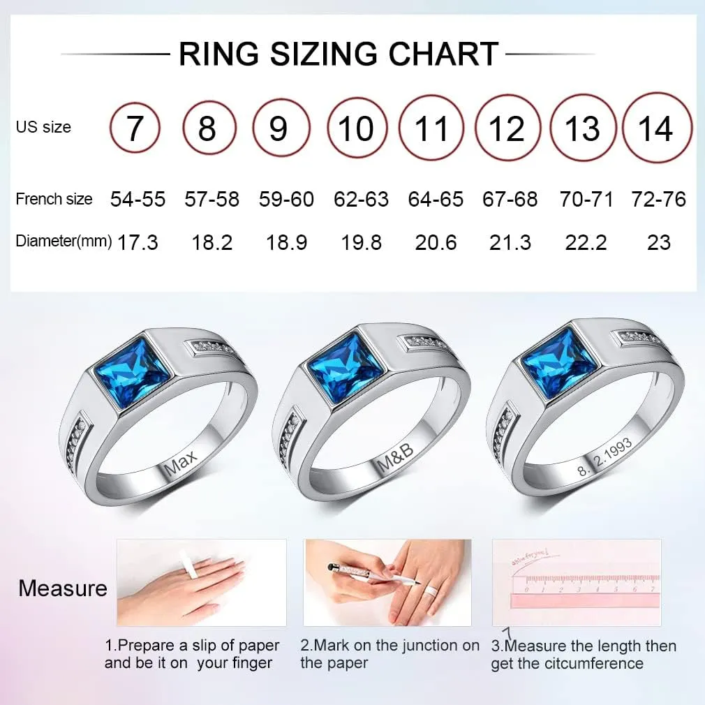 Custom4U 925 Sterling Silver Band Rings for Men Customized,Engagement Ring with Blue Gemstone/Black Onyx,Square Shaped Stone Rings,Pinky Thumb Ring,Size 6-13,Mens Personalized Jewelry(Gift Box)