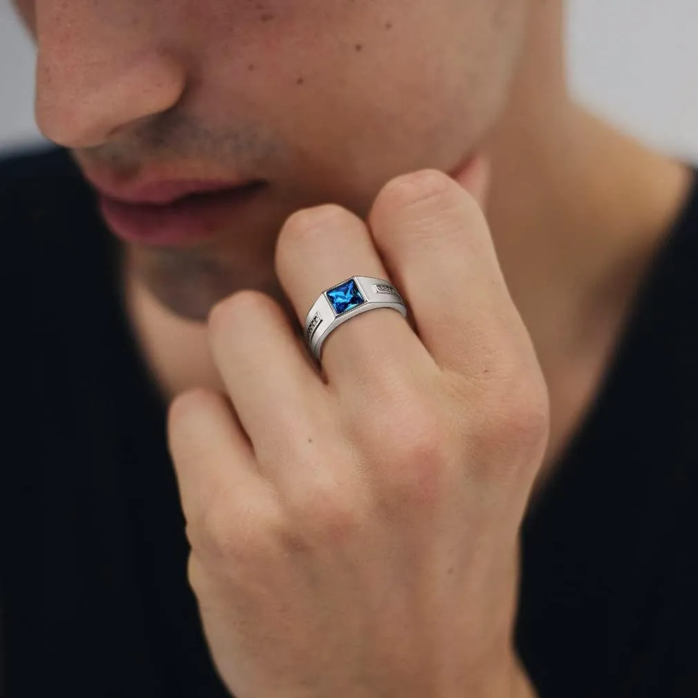 Custom4U 925 Sterling Silver Band Rings for Men Customized,Engagement Ring with Blue Gemstone/Black Onyx,Square Shaped Stone Rings,Pinky Thumb Ring,Size 6-13,Mens Personalized Jewelry(Gift Box)