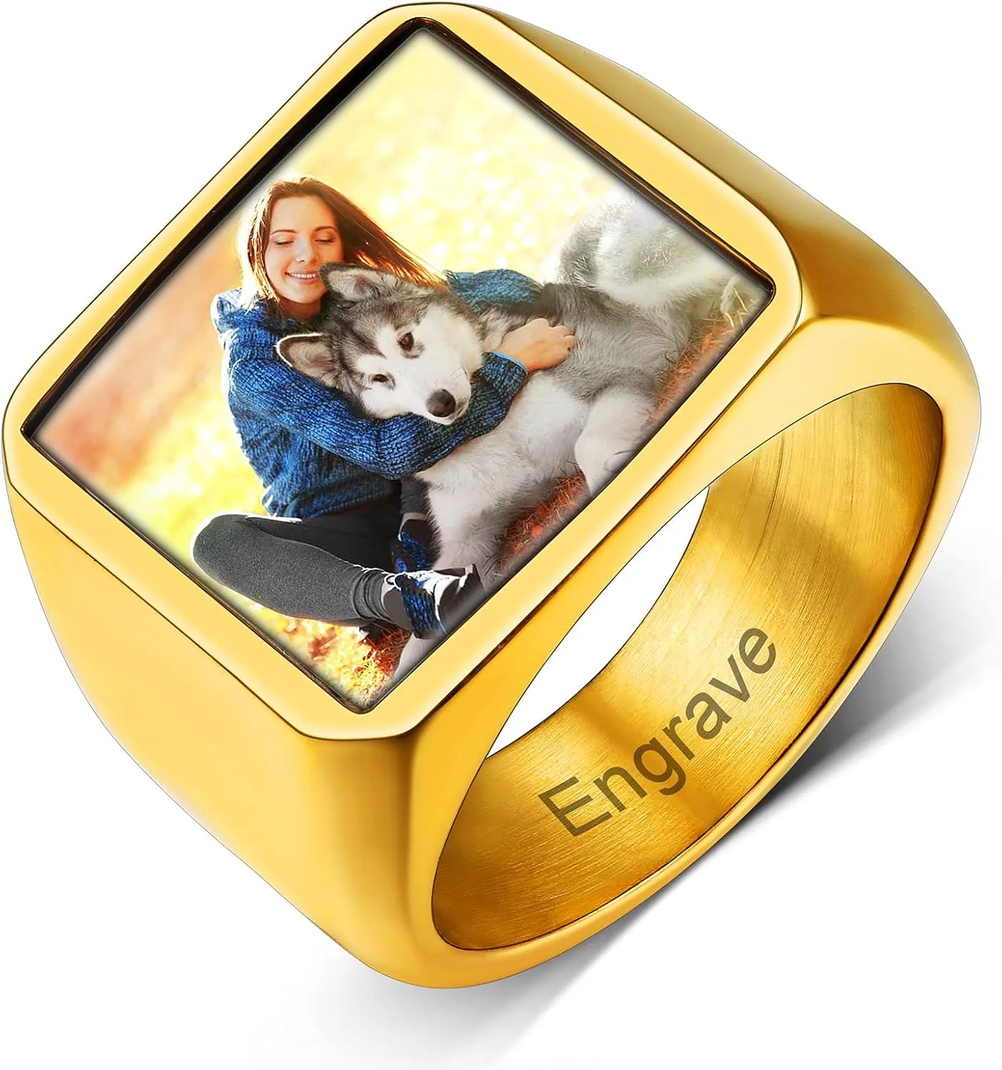 Custom4U Personalized Fathers Day Gifts Rings with Pictures Inside Custom Photo Ring Name Engraving Stainless Steel Signet Ring/Heart Ring Size 7-14 Customized Memorial Jewelry for Dad Men Women
