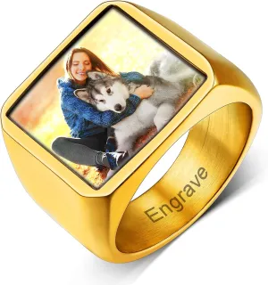 Custom4U Personalized Fathers Day Gifts Rings with Pictures Inside Custom Photo Ring Name Engraving Stainless Steel Signet Ring/Heart Ring Size 7-14 Customized Memorial Jewelry for Dad Men Women