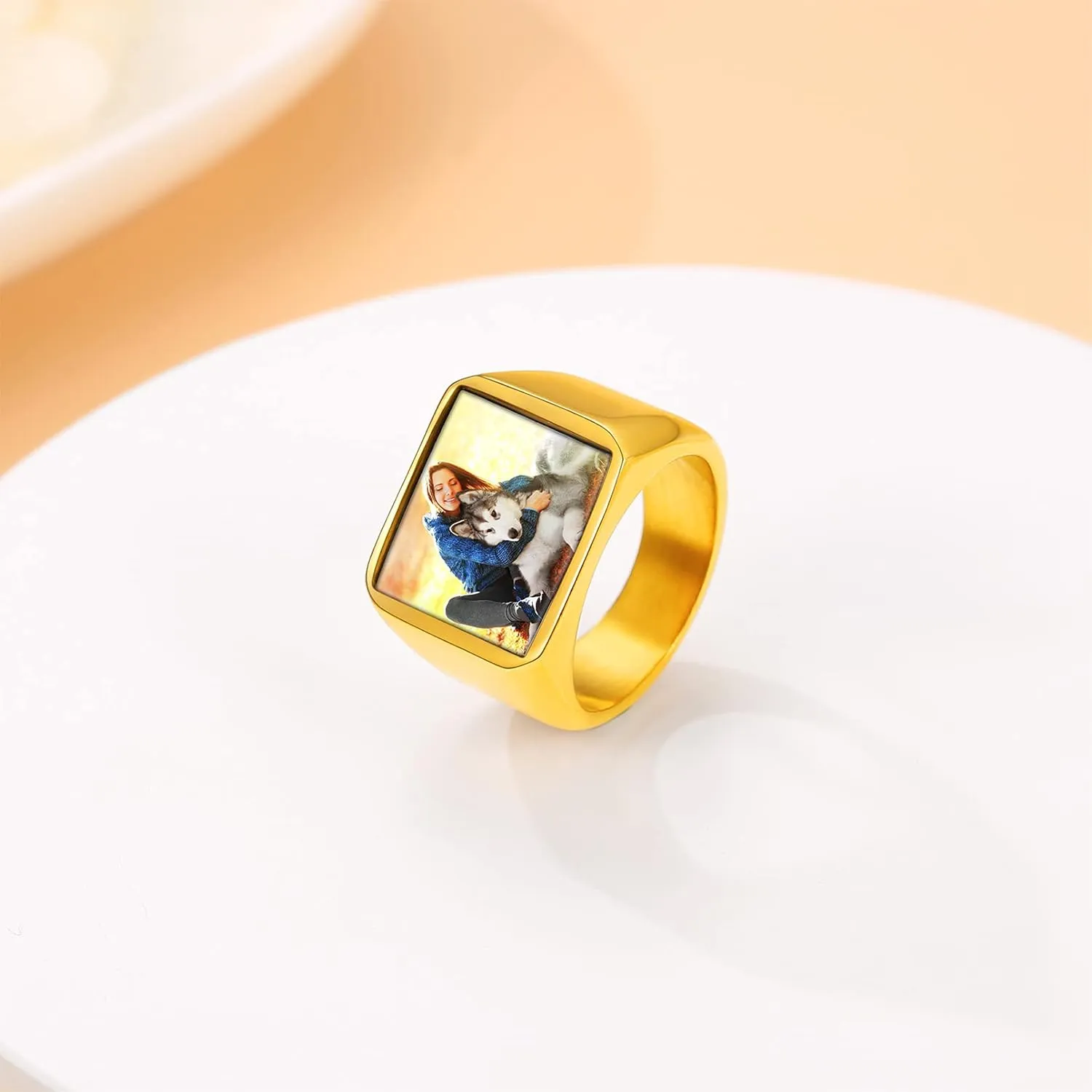 Custom4U Personalized Fathers Day Gifts Rings with Pictures Inside Custom Photo Ring Name Engraving Stainless Steel Signet Ring/Heart Ring Size 7-14 Customized Memorial Jewelry for Dad Men Women