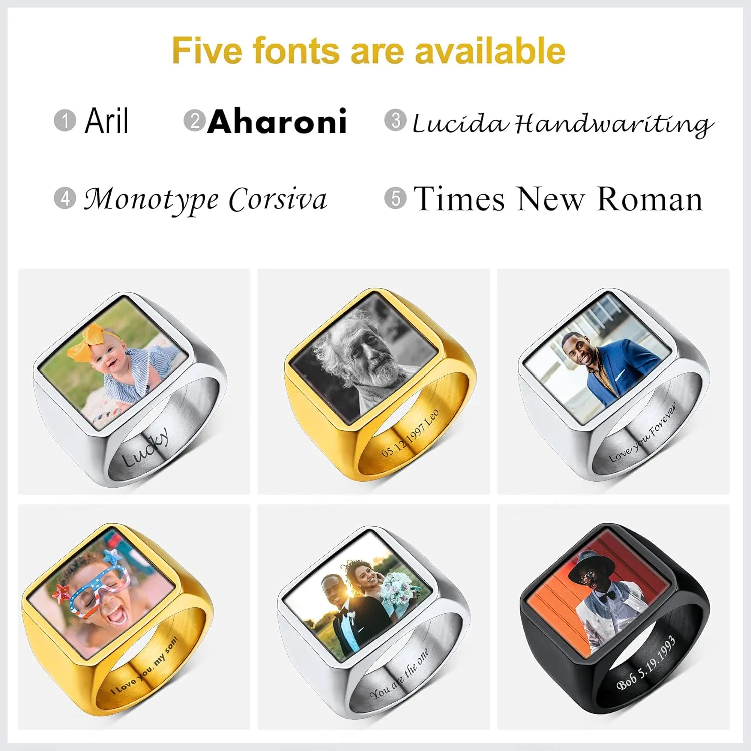 Custom4U Personalized Fathers Day Gifts Rings with Pictures Inside Custom Photo Ring Name Engraving Stainless Steel Signet Ring/Heart Ring Size 7-14 Customized Memorial Jewelry for Dad Men Women