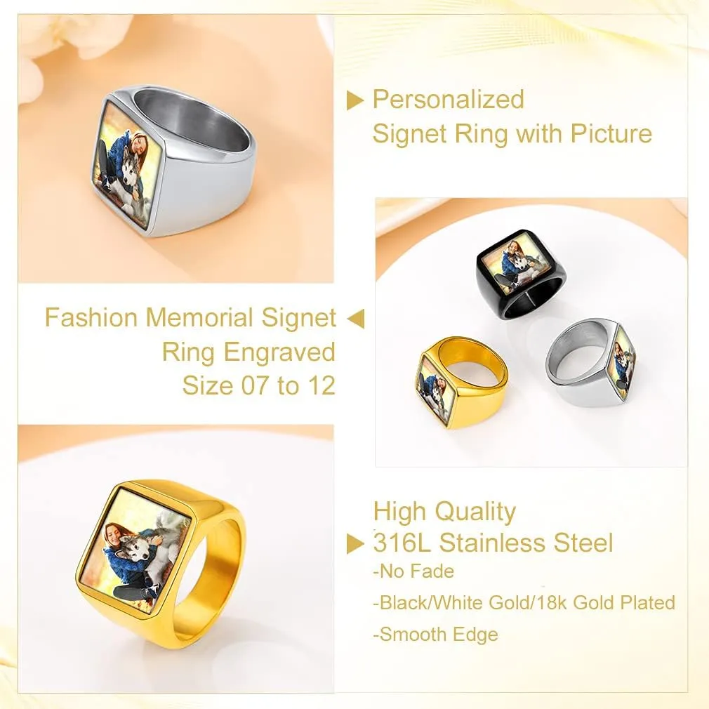 Custom4U Personalized Fathers Day Gifts Rings with Pictures Inside Custom Photo Ring Name Engraving Stainless Steel Signet Ring/Heart Ring Size 7-14 Customized Memorial Jewelry for Dad Men Women