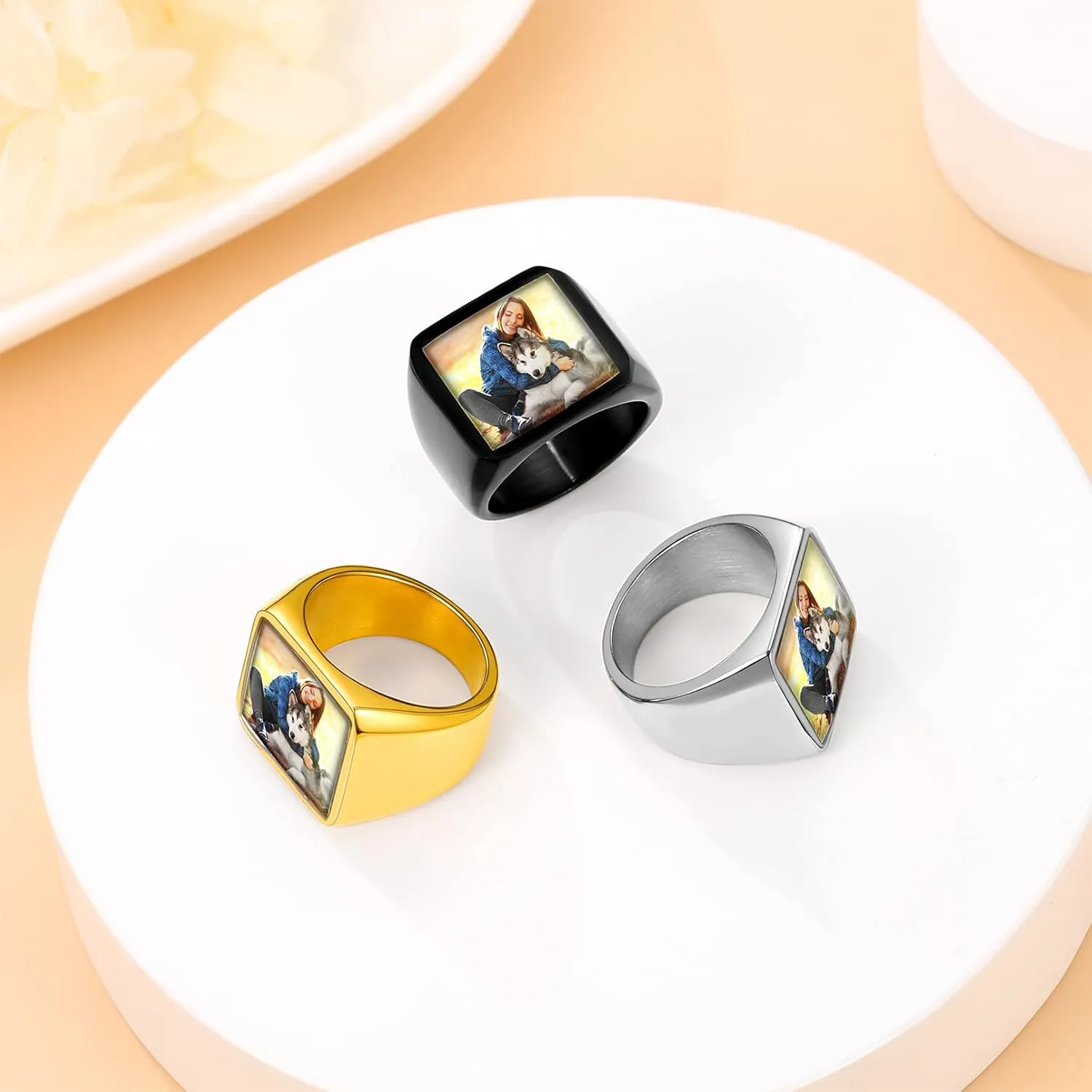 Custom4U Personalized Fathers Day Gifts Rings with Pictures Inside Custom Photo Ring Name Engraving Stainless Steel Signet Ring/Heart Ring Size 7-14 Customized Memorial Jewelry for Dad Men Women