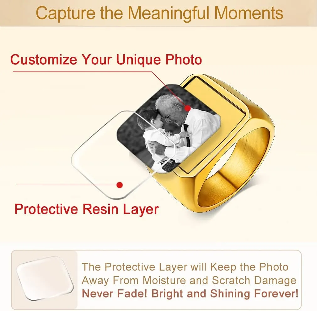 Custom4U Personalized Fathers Day Gifts Rings with Pictures Inside Custom Photo Ring Name Engraving Stainless Steel Signet Ring/Heart Ring Size 7-14 Customized Memorial Jewelry for Dad Men Women