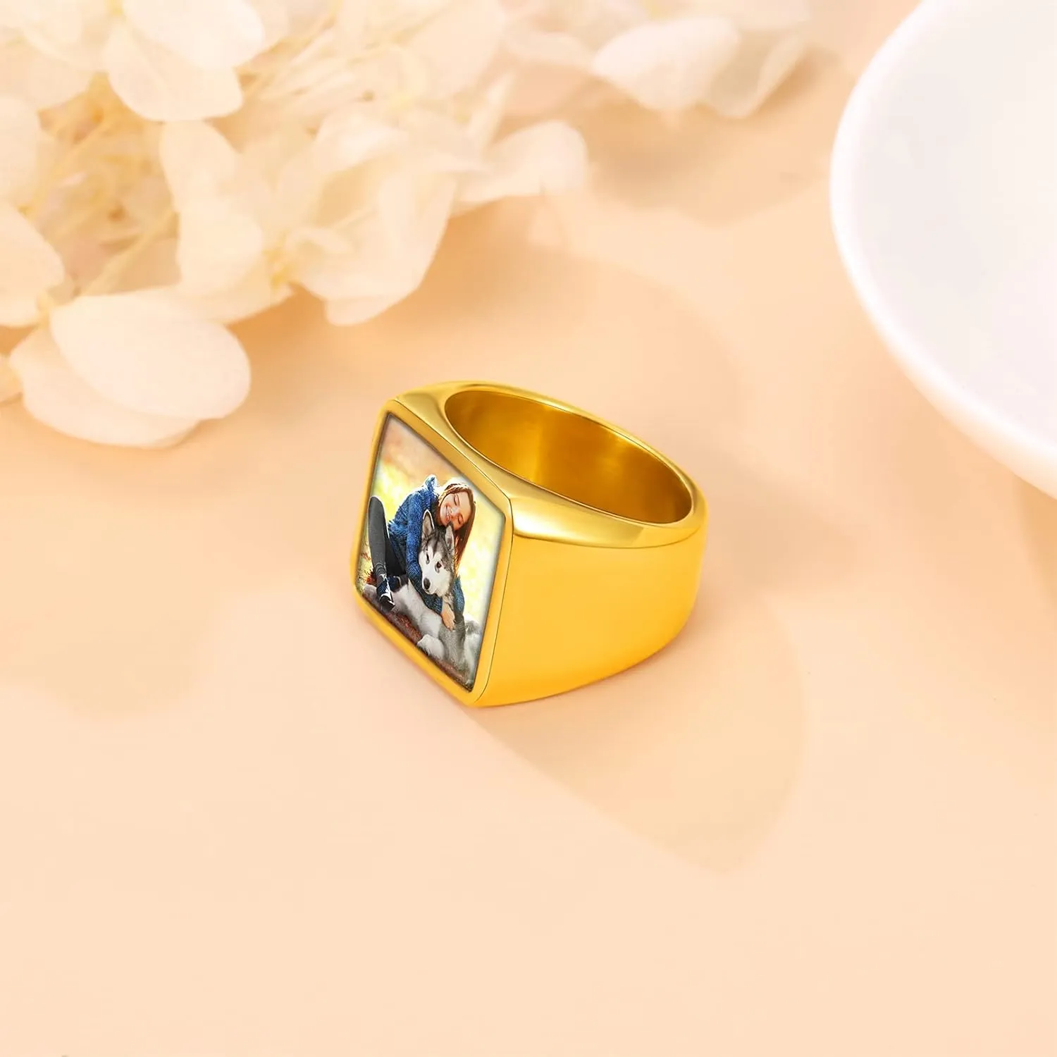 Custom4U Personalized Fathers Day Gifts Rings with Pictures Inside Custom Photo Ring Name Engraving Stainless Steel Signet Ring/Heart Ring Size 7-14 Customized Memorial Jewelry for Dad Men Women