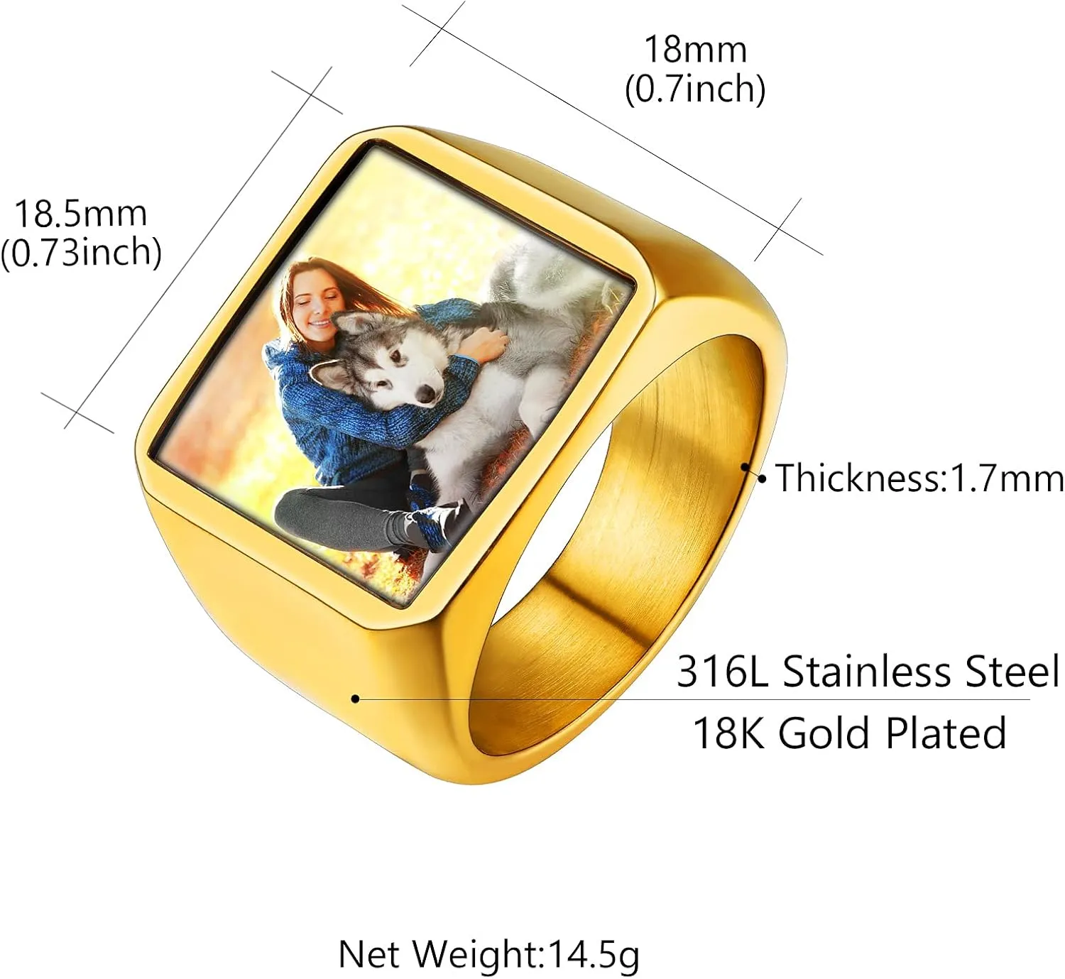 Custom4U Personalized Fathers Day Gifts Rings with Pictures Inside Custom Photo Ring Name Engraving Stainless Steel Signet Ring/Heart Ring Size 7-14 Customized Memorial Jewelry for Dad Men Women
