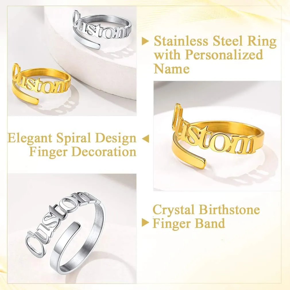 Custom4U Personalized Name Rings/Monogram Initial Ring Engraved,Gold Plated/Sterling Silver/Stainless Steel,Size Adjustable Custom Memorial Jewelry Birthday Mothers Day Gifts for Women