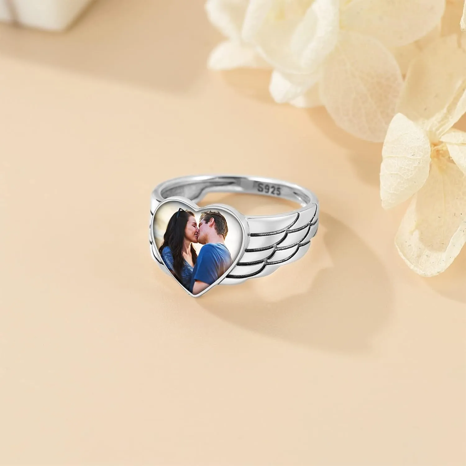 Custom4U Personalized Photo Rings for Women - Custom Made Dainty Heart-Shaped/Claddagh Ring with Picture Inside - 925 Sterling Silver/Stainless Steel Engraved Memory Jewelry