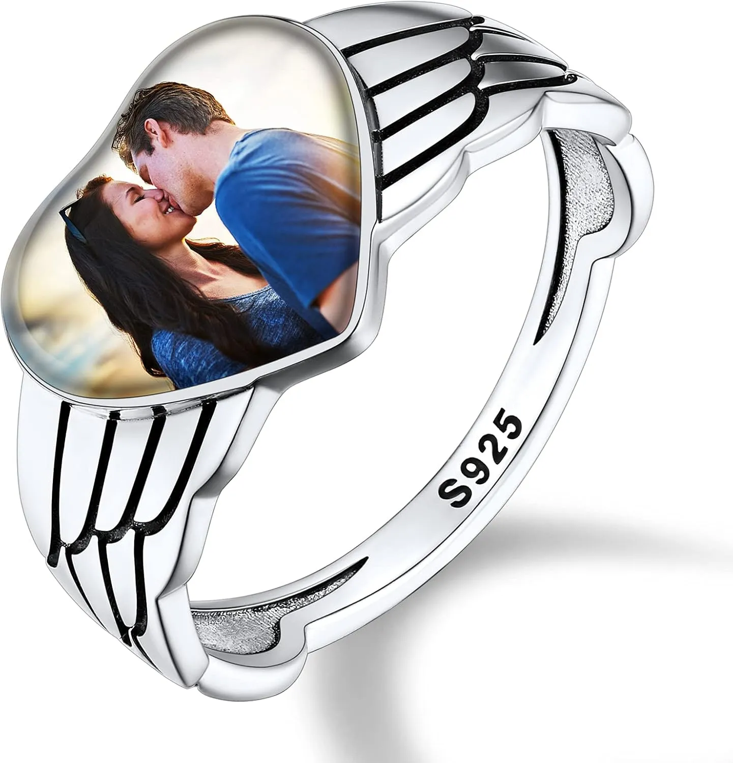 Custom4U Personalized Photo Rings for Women - Custom Made Dainty Heart-Shaped/Claddagh Ring with Picture Inside - 925 Sterling Silver/Stainless Steel Engraved Memory Jewelry