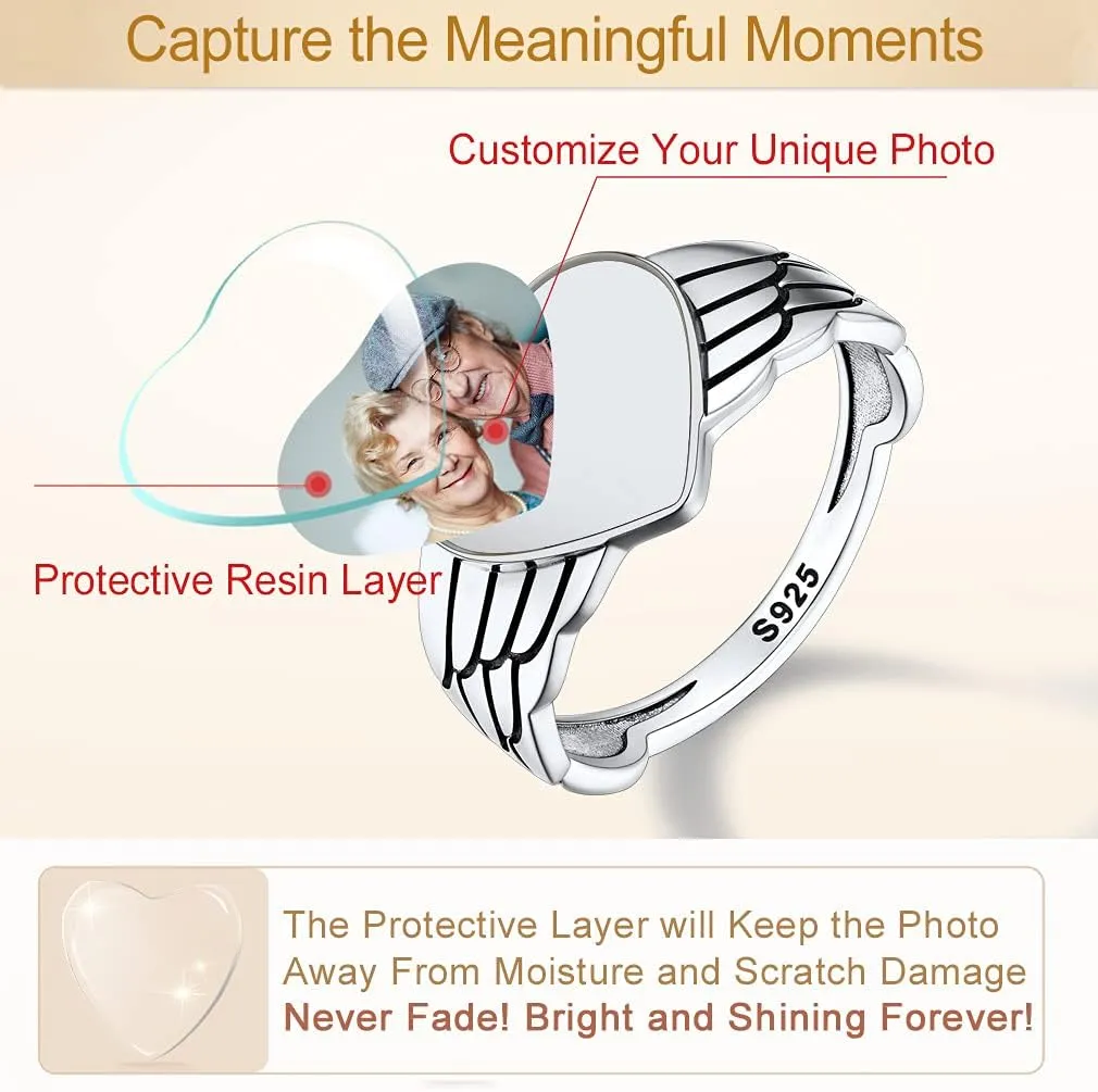 Custom4U Personalized Photo Rings for Women - Custom Made Dainty Heart-Shaped/Claddagh Ring with Picture Inside - 925 Sterling Silver/Stainless Steel Engraved Memory Jewelry