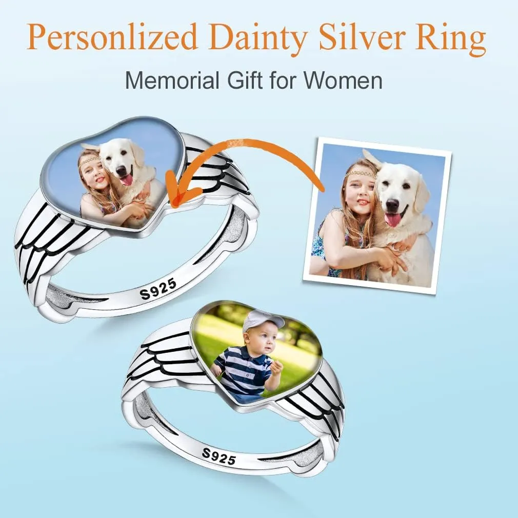 Custom4U Personalized Photo Rings for Women - Custom Made Dainty Heart-Shaped/Claddagh Ring with Picture Inside - 925 Sterling Silver/Stainless Steel Engraved Memory Jewelry
