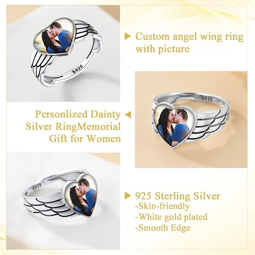 Custom4U Personalized Photo Rings for Women - Custom Made Dainty Heart-Shaped/Claddagh Ring with Picture Inside - 925 Sterling Silver/Stainless Steel Engraved Memory Jewelry