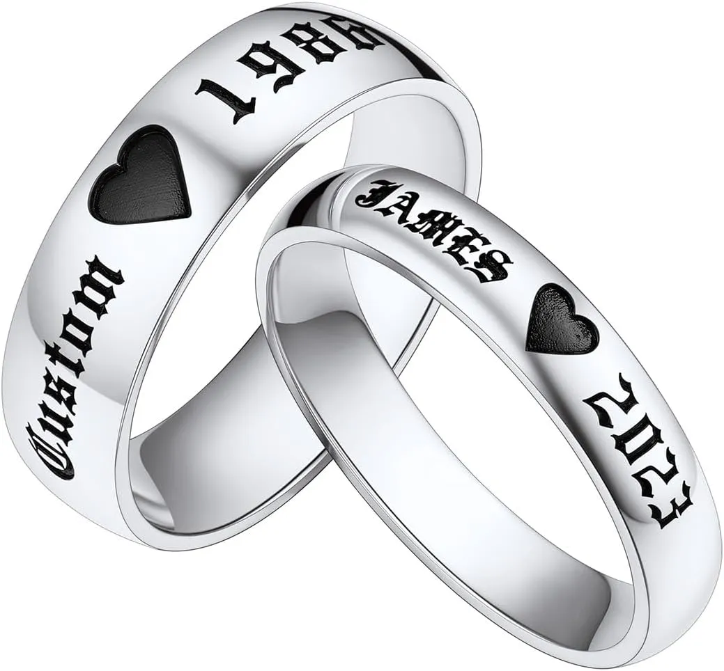 Custom4U Stainless Steel Promise Rings for Couples Custom Couple Rings for Him and Her Set Engraved Name Love Heart Wedding Band Anniversary Birthday Valentines Day Jewelry Gifts (with Gift Box)