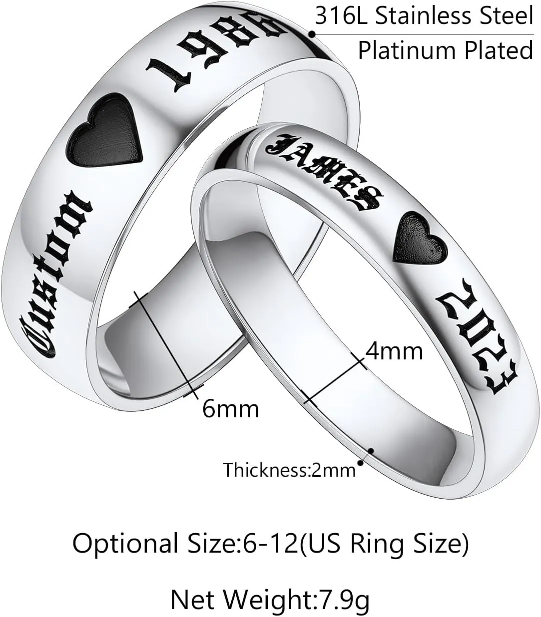 Custom4U Stainless Steel Promise Rings for Couples Custom Couple Rings for Him and Her Set Engraved Name Love Heart Wedding Band Anniversary Birthday Valentines Day Jewelry Gifts (with Gift Box)