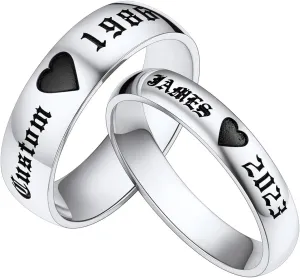 Custom4U Stainless Steel Promise Rings for Couples Custom Couple Rings for Him and Her Set Engraved Name Love Heart Wedding Band Anniversary Birthday Valentines Day Jewelry Gifts (with Gift Box)