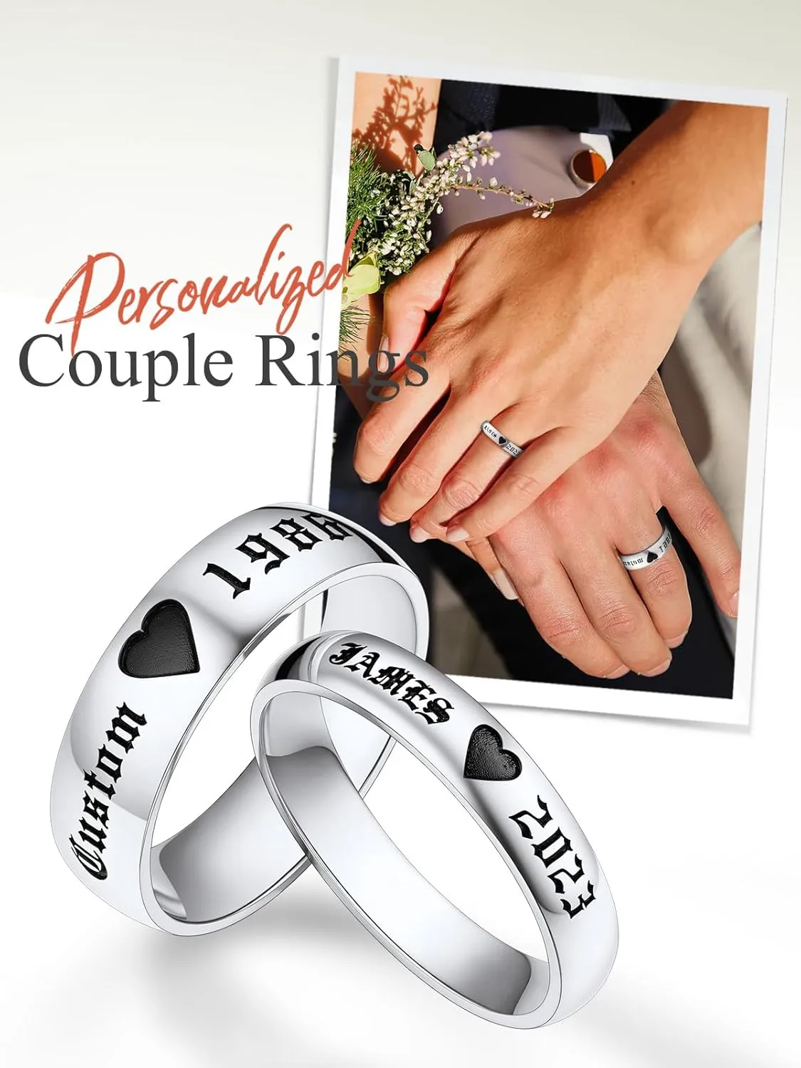 Custom4U Stainless Steel Promise Rings for Couples Custom Couple Rings for Him and Her Set Engraved Name Love Heart Wedding Band Anniversary Birthday Valentines Day Jewelry Gifts (with Gift Box)