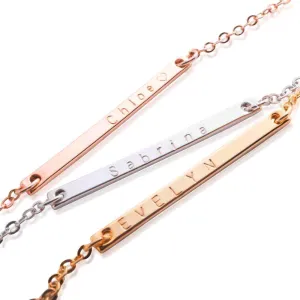 Customized Bar Necklace Delicate 16K Gold Rose Gold Silver Plated Dainty Personalized Gift Necklace with Bar Plate and Initial Charms
