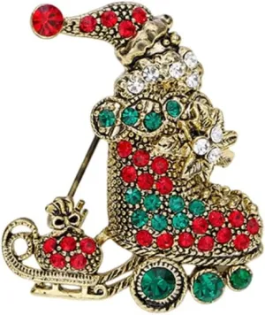 Cute Boot Santa Claus CZ Christmas Brooch Pins for Women Teen Girls Sleigh Ride Sled Green Red Rhinstones Brooches Lapel Pin Xmas Decoration Festival New Year Party Fashion Jewelry Gift