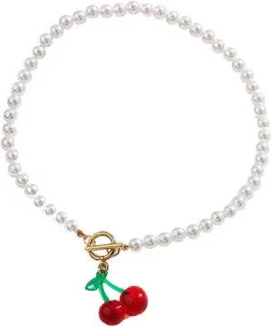Cute Cherry Pendant Necklaces Cherry Charms Y2K Kawaii Fruit Necklace Imitation Pearl Beaded Chain Choker for Women Christmas Birthday Party Jewelry Gifts