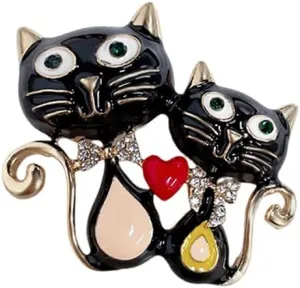 Cute Couple Cats Red Heart Rhinestones Brooch Pin for Women Girls CZ Bow Black Enamel Crystal Animal Kitten Friendship Brooches Lapel Pins Dress Clothes Accessories Gifts for Christmas Bff Daughter Sister Her