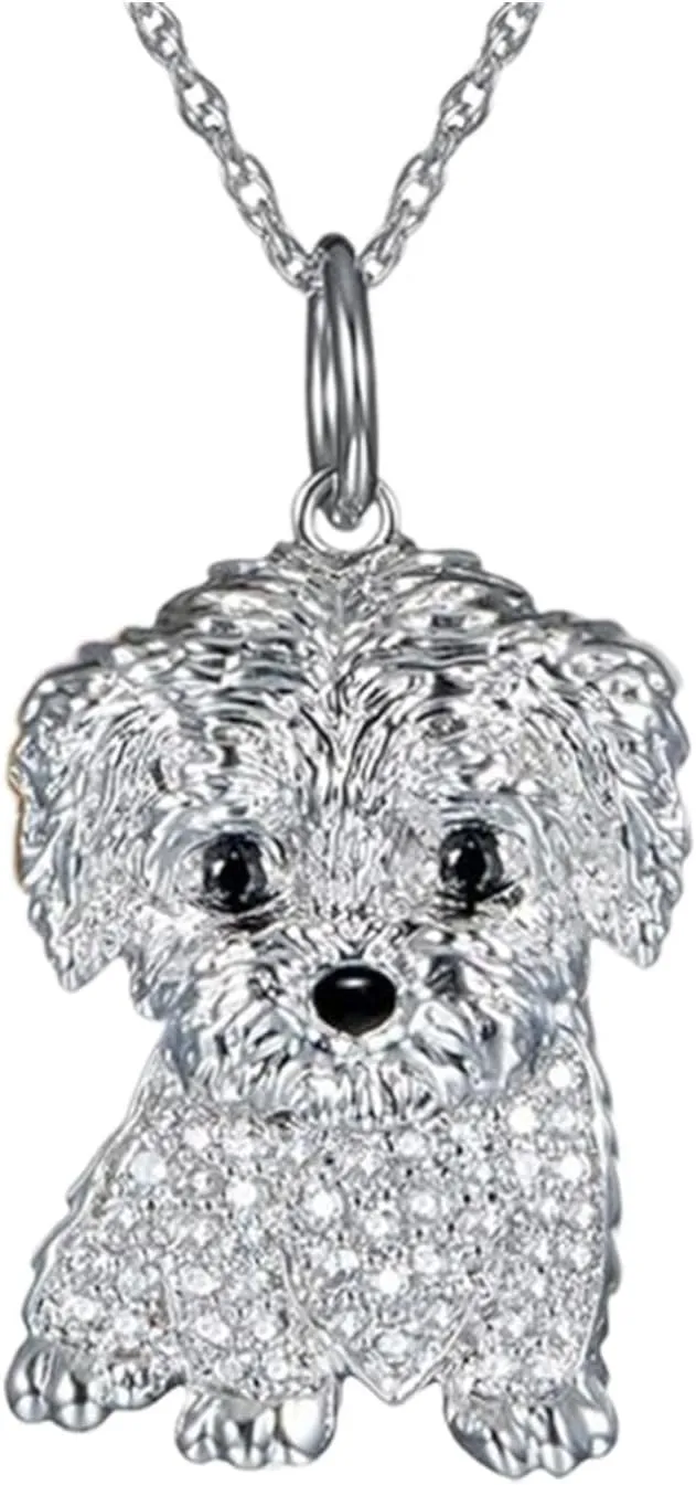 Cute Crystal Maltese Dog Pendant Necklace for Women Cartoon Animal Dog Necklace Pets Lover Jewelry