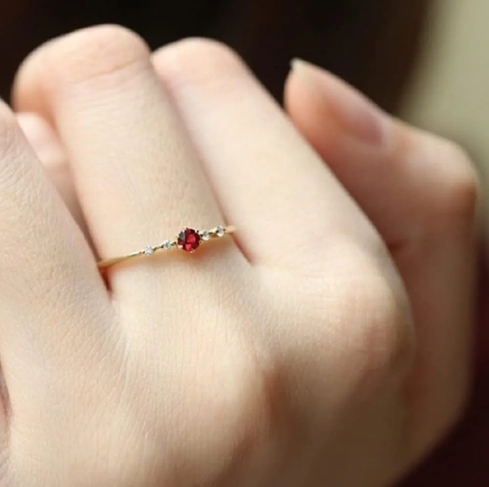 Cute Dainty Women's 14K Ruby Drill Ring - Delicate Gemstone Heart Promise Engagement Love Ring - Wedding Jewelry Size 5-10