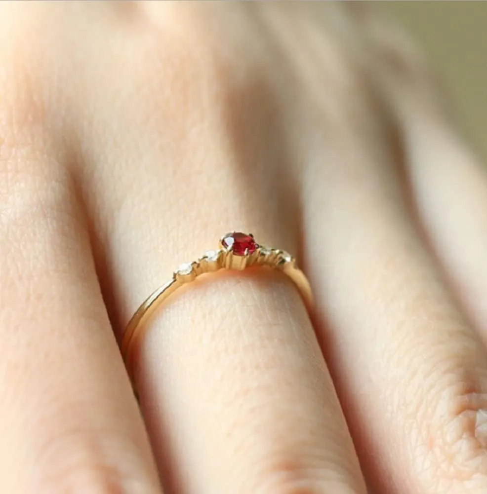 Cute Dainty Women's 14K Ruby Drill Ring - Delicate Gemstone Heart Promise Engagement Love Ring - Wedding Jewelry Size 5-10