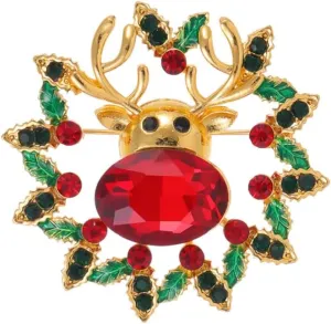 Cute Elk Christmas Wreath Red Green Rhinestones Ornament Brooch Lapel Pins for Women Girls Cute Antler Deer Animal Crystal Decoration Brooches Pin Xmas Holiday Party Gifts