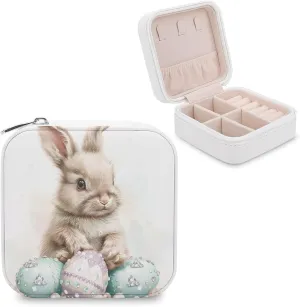 Cute Little Baby Easter Bunny Travel Jewelry Case,easter Eggs with Diamonds And Pearls Small Jewelry Box Jewelry Organizer Portable PU Leather Mini Jewelry Case for Girls Womens Earring Necklace Rings