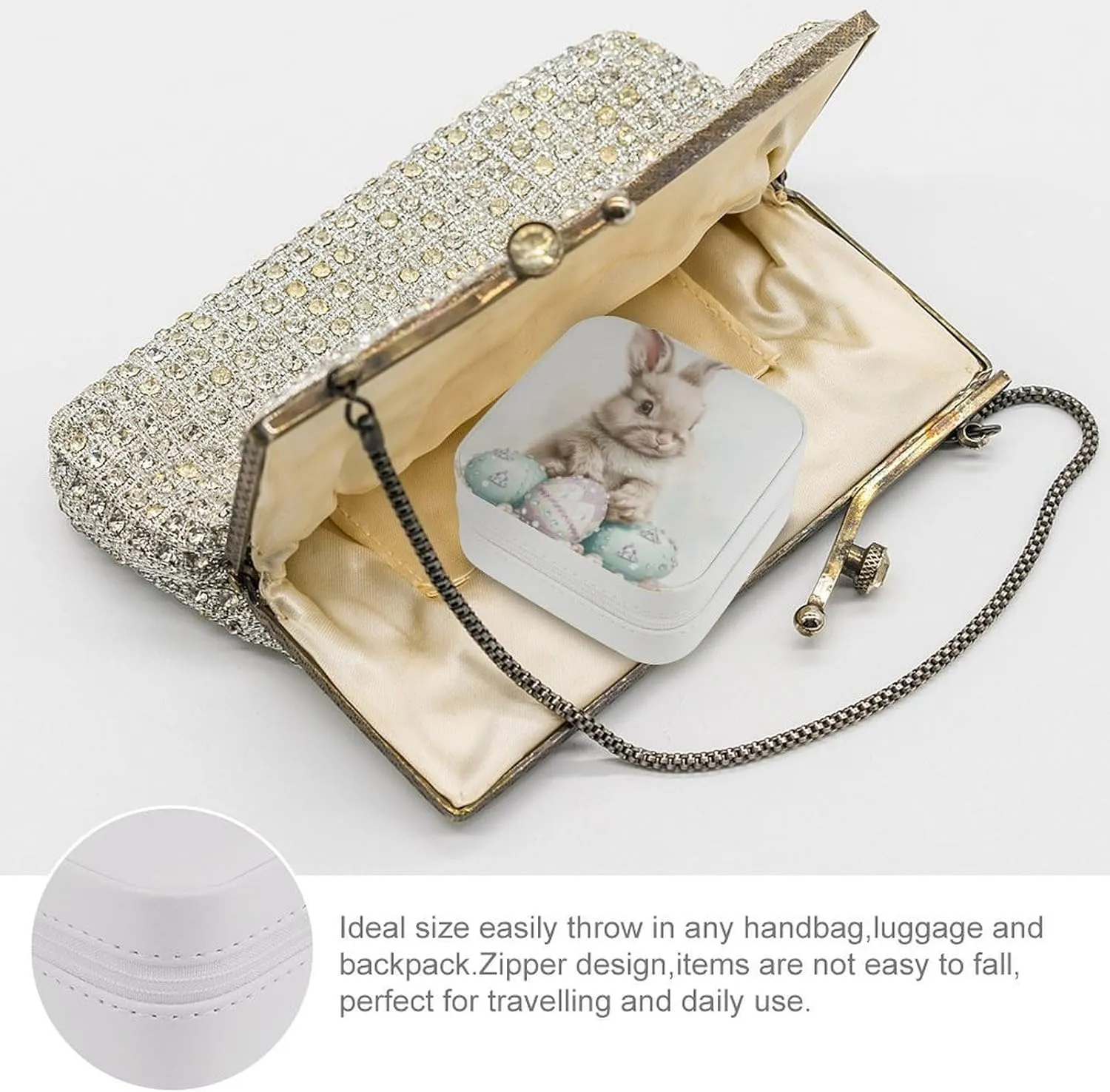 Cute Little Baby Easter Bunny Travel Jewelry Case,easter Eggs with Diamonds And Pearls Small Jewelry Box Jewelry Organizer Portable PU Leather Mini Jewelry Case for Girls Womens Earring Necklace Rings