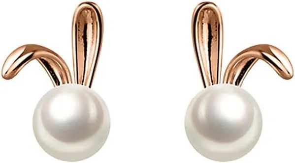 Cute Rabbit Pearl Tiny Stud Earrings for Women Teen Girls 925 Sterling Silver Bunny Animal Cartilage Hypoallergenic Small Studs Earring Elegant Jewelry Gifts Bff