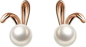 Cute Rabbit Pearl Tiny Stud Earrings for Women Teen Girls 925 Sterling Silver Bunny Animal Cartilage Hypoallergenic Small Studs Earring Elegant Jewelry Gifts Bff