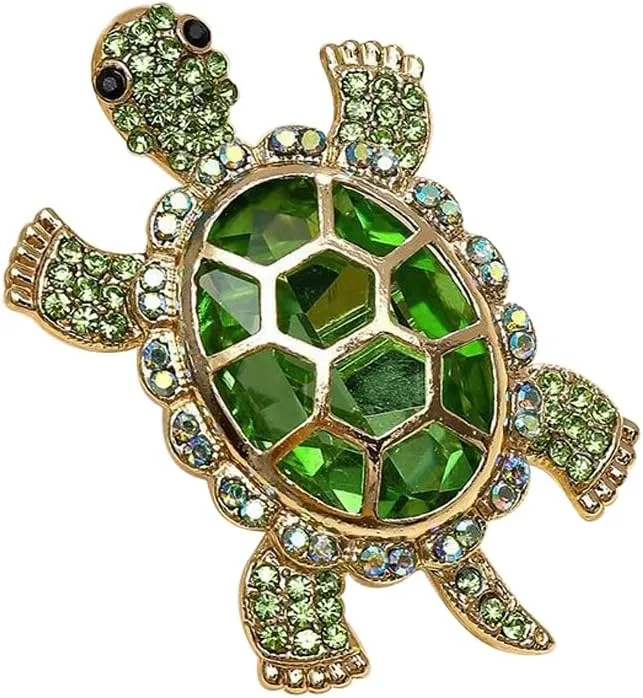 Cute Turtle Brooch Pin Crystal Rhinestones Green Marine Animals Lovely Lapel Pin Dress Accessories Boutonniere Corsage for Hat Bag Gold Tone Great Gift for Wife Sisters Friends Daily Wear Dating