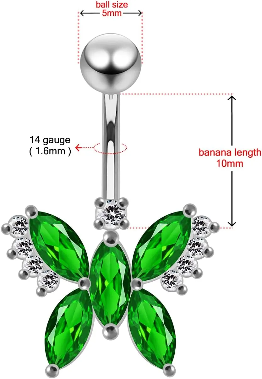 Cz Gemstones Stylish Studded Butterfly Design 925 Sterling Silver with Stainless Steel Belly Ring - Belly Button jewelry - Navel jewelry