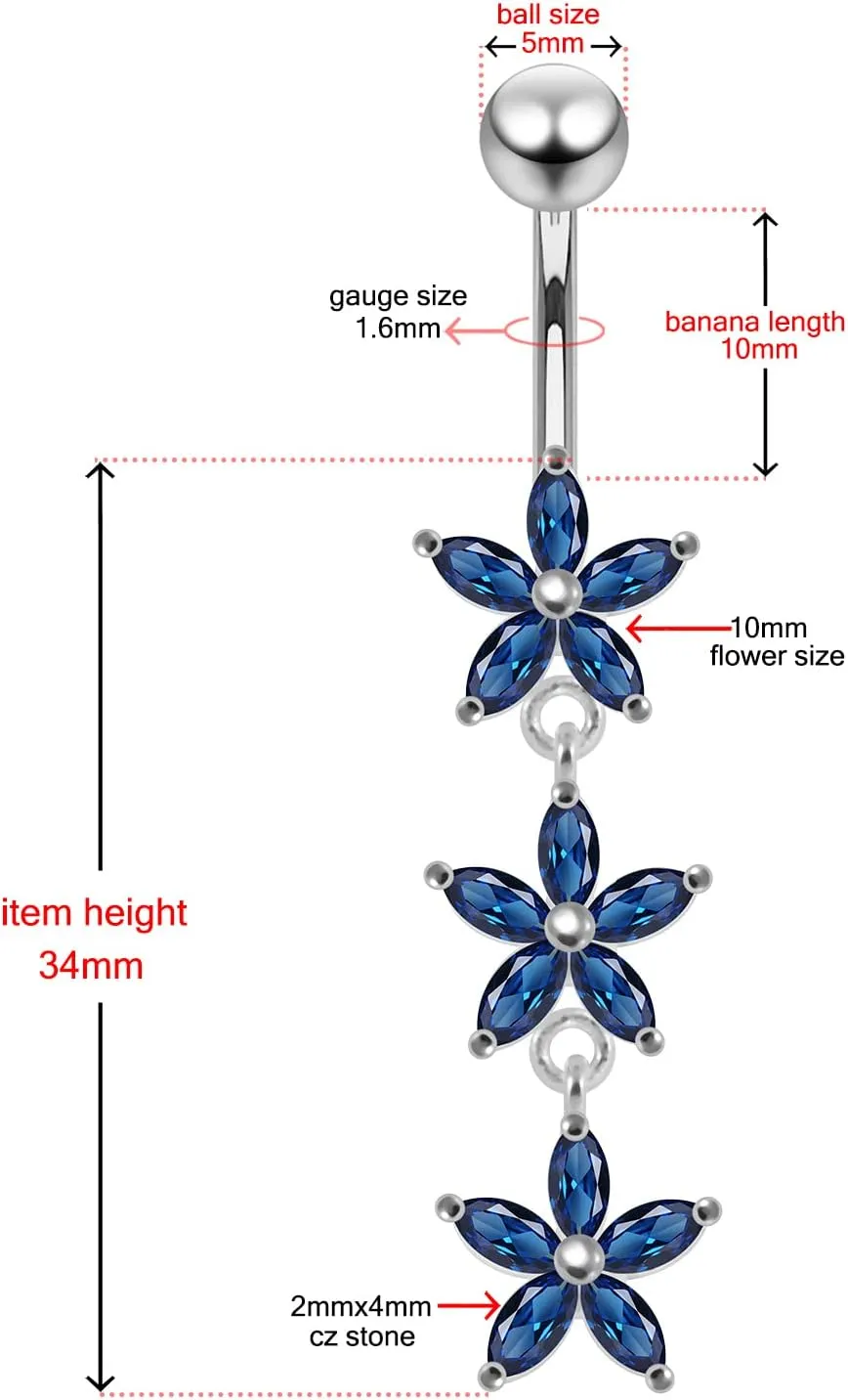 Cz Gemstones Stylish Triple Daisy Flower Dangling Design 925 Sterling Silver with Stainless Steel Belly Ring - Belly Button jewelry - Navel jewelry