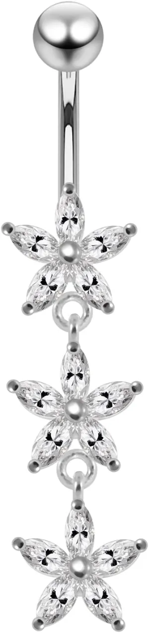 Cz Gemstones Stylish Triple Daisy Flower Dangling Design 925 Sterling Silver with Stainless Steel Belly Ring - Belly Button jewelry - Navel jewelry