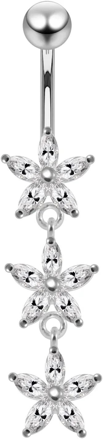 Cz Gemstones Stylish Triple Daisy Flower Dangling Design 925 Sterling Silver with Stainless Steel Belly Ring - Belly Button jewelry - Navel jewelry