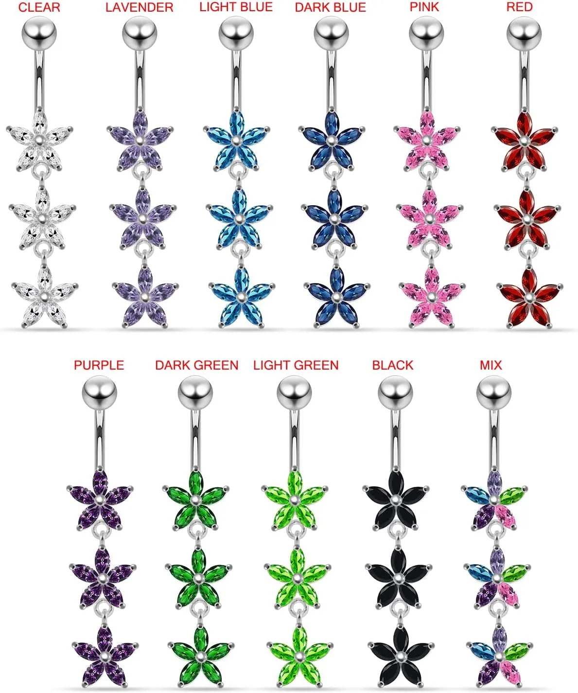 Cz Gemstones Stylish Triple Daisy Flower Dangling Design 925 Sterling Silver with Stainless Steel Belly Ring - Belly Button jewelry - Navel jewelry