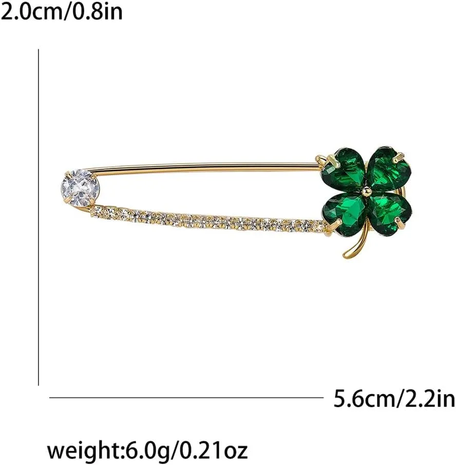 Dainty Clover CZ Brooch Safety Pins Clip Scarf Sweater Shawl Waist Pants Luxury Sparkly Rhinestones Brooches for Collar Dress Skirt Suit Fashion Jewelry for Shamrock Party Birthday 2.2in
