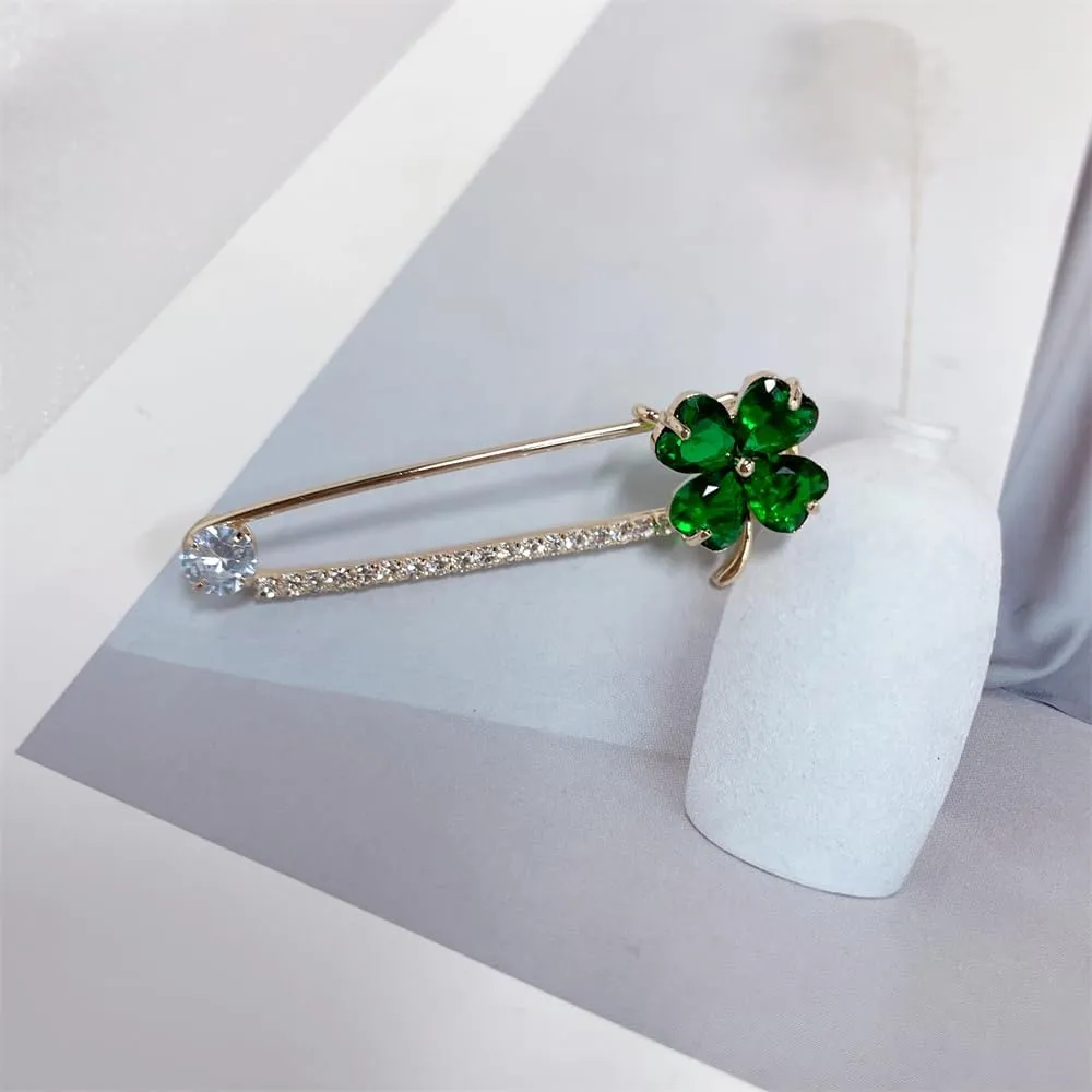 Dainty Clover CZ Brooch Safety Pins Clip Scarf Sweater Shawl Waist Pants Luxury Sparkly Rhinestones Brooches for Collar Dress Skirt Suit Fashion Jewelry for Shamrock Party Birthday 2.2in
