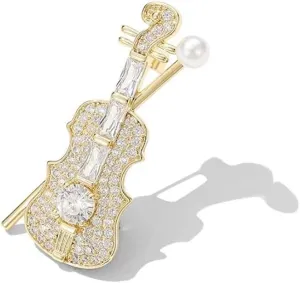 Dainty Crystal Violin Brooch Pin for Women Teen Girls Cubic Zirconia Bow Cellow Fiddle Musician Lapel Hat Brooches Pins Cute Jewelry