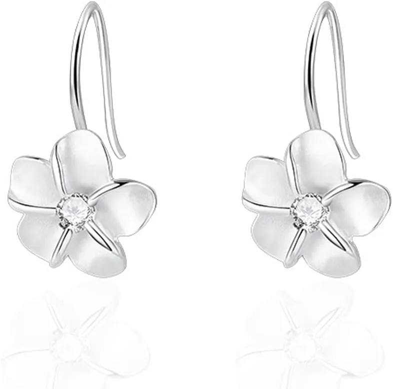 Dainty CZ Flower Dangle Hook Earrings for Women Silver Plated Crystal Flowers Charms Drop Fish Hook Stud Lightweight Elegant Christmas Wedding Holiday Jewelry Gifts