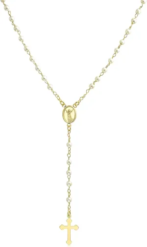 Dainty Delicate Religious Guardian Angel Or Virgin Mary Medallion White Simulated Pearl Rosary Bead Necklace For Women Teen 18K Gold Plated