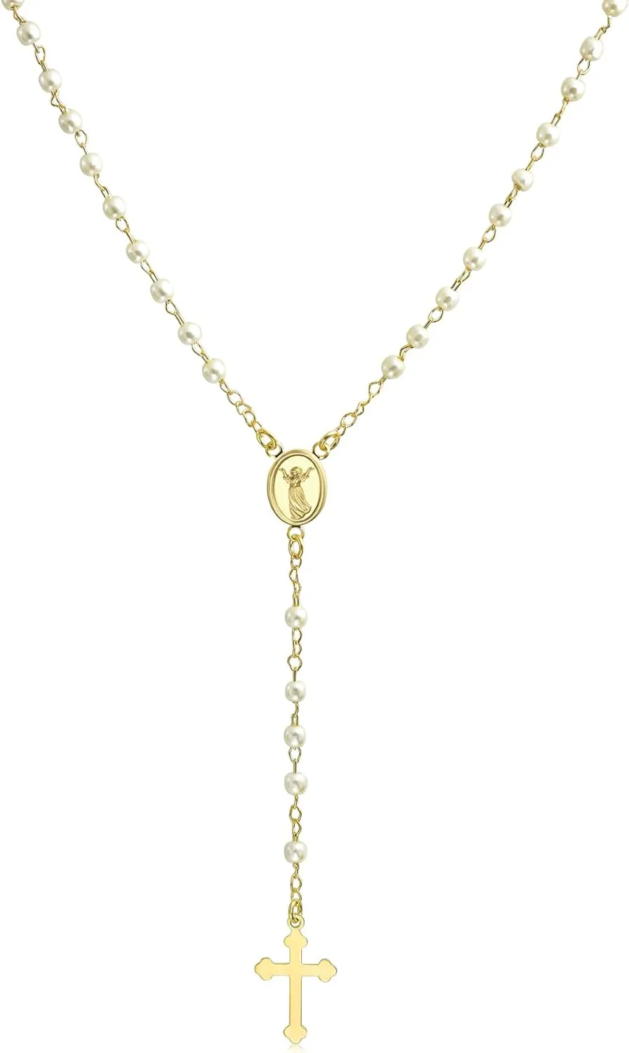 Dainty Delicate Religious Guardian Angel Or Virgin Mary Medallion White Simulated Pearl Rosary Bead Necklace For Women Teen 18K Gold Plated
