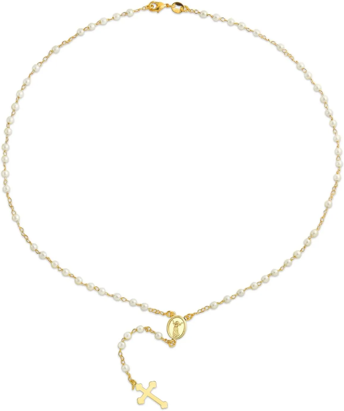 Dainty Delicate Religious Guardian Angel Or Virgin Mary Medallion White Simulated Pearl Rosary Bead Necklace For Women Teen 18K Gold Plated