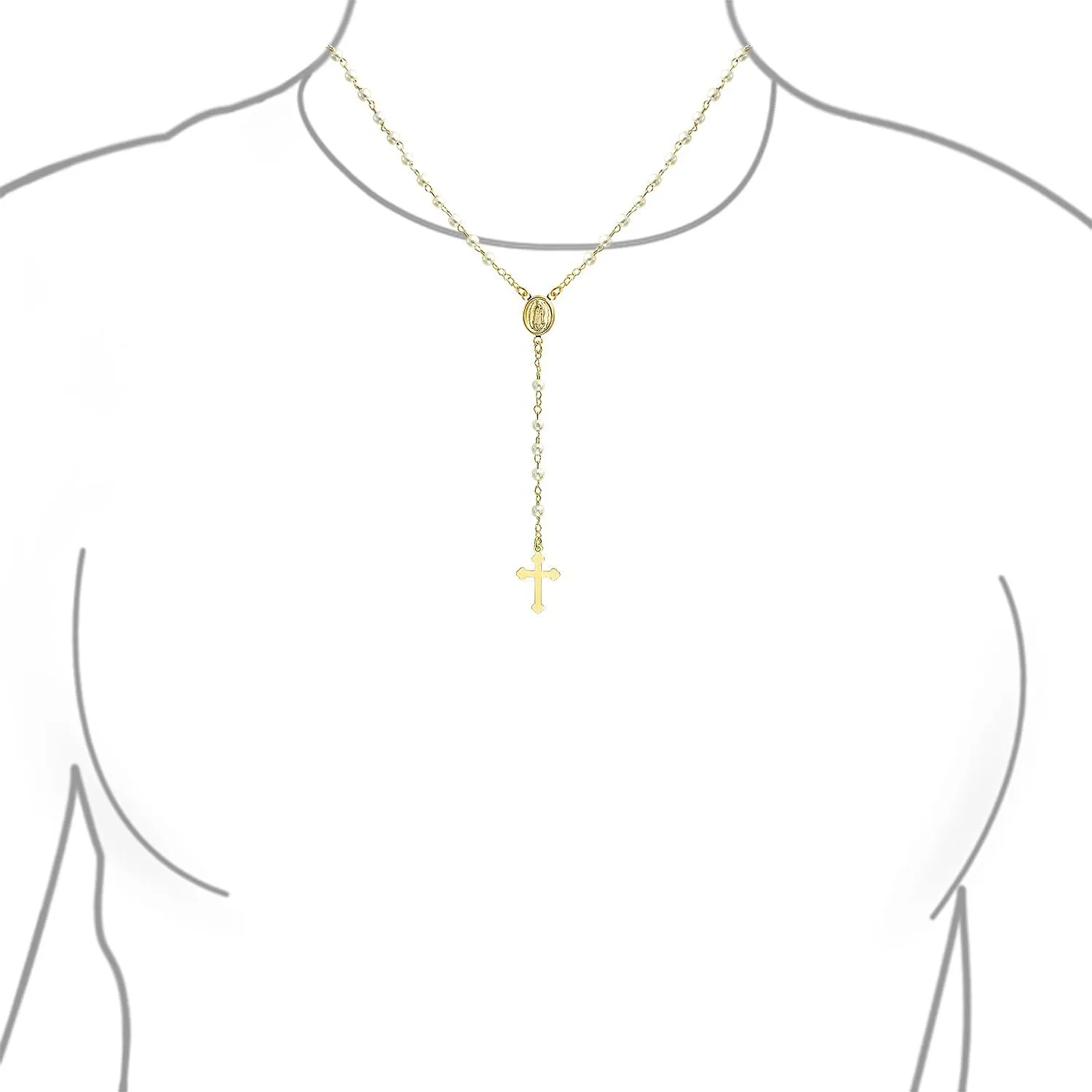 Dainty Delicate Religious Guardian Angel Or Virgin Mary Medallion White Simulated Pearl Rosary Bead Necklace For Women Teen 18K Gold Plated